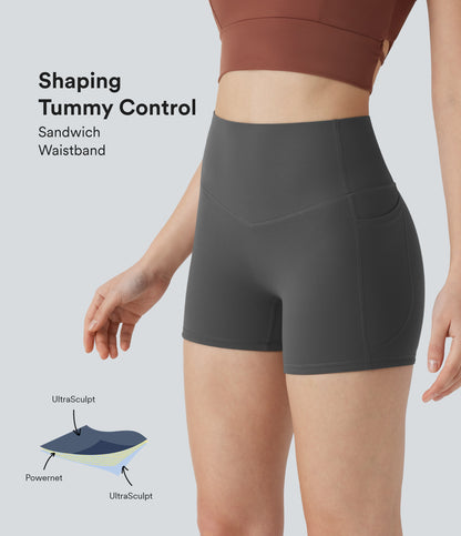 Hoch taillierte, bauchkontrollierende, formende Trainings-Bikershorts mit Tasche, 3 Zoll