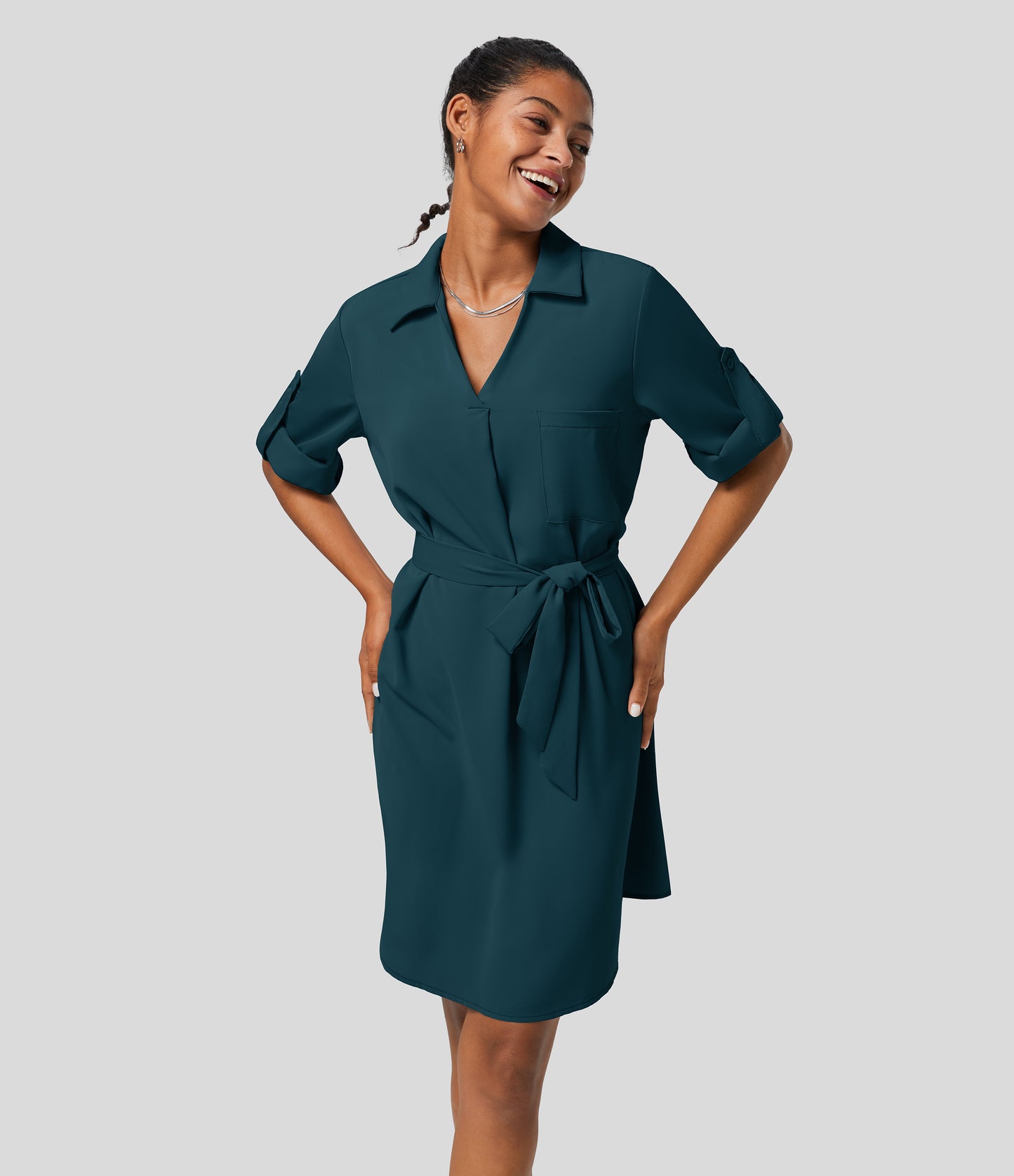 Roll Up Sleeve Belted Relaxed Work Shirt Dress
