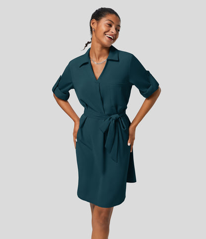 Roll Up Sleeve Belted Relaxed Work Shirt Dress