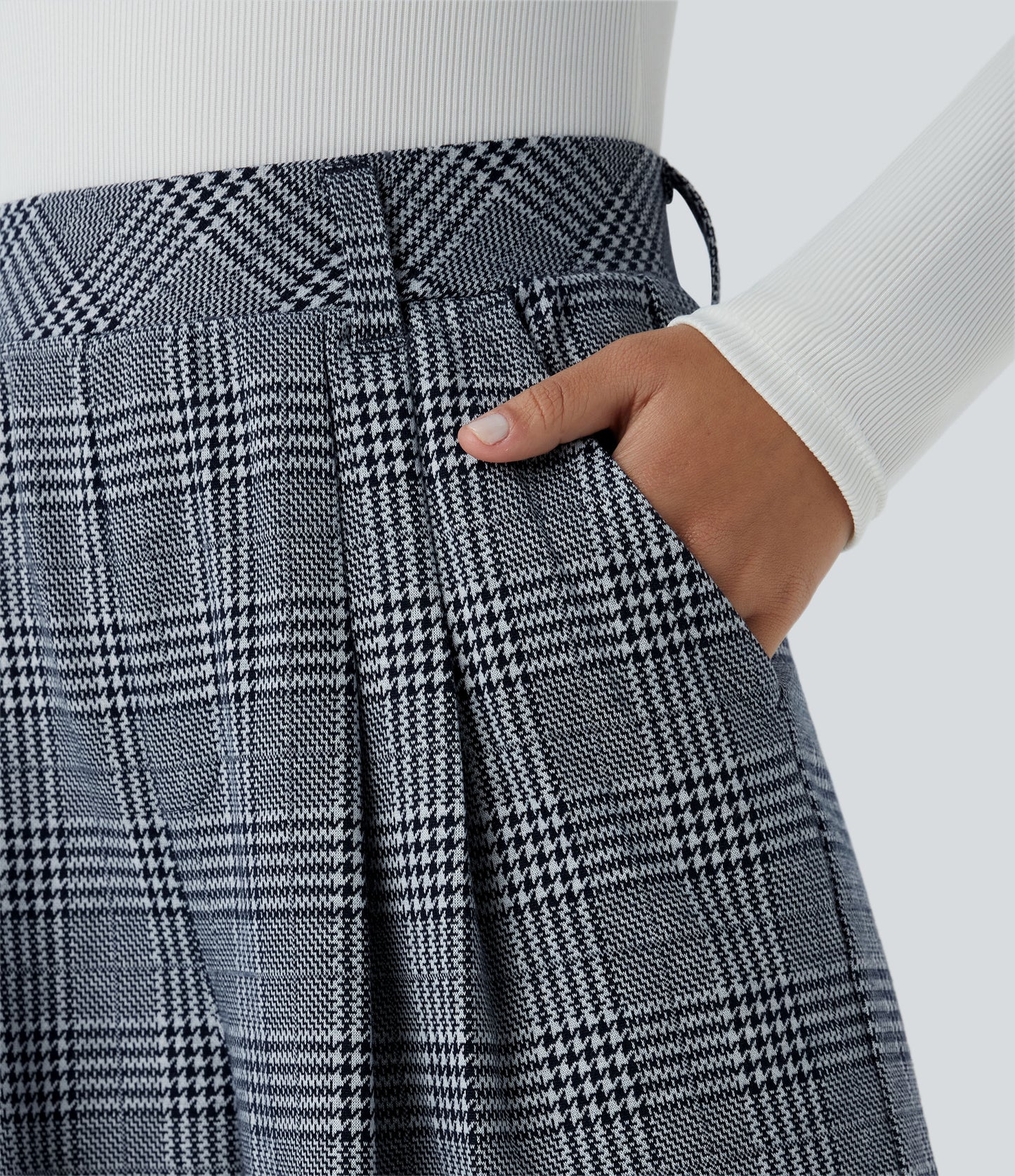 High Waisted Pocket Wide Leg Houndstooth Plaid Casual Pants
