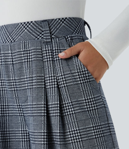 High Waisted Pocket Wide Leg Houndstooth Plaid Casual Pants