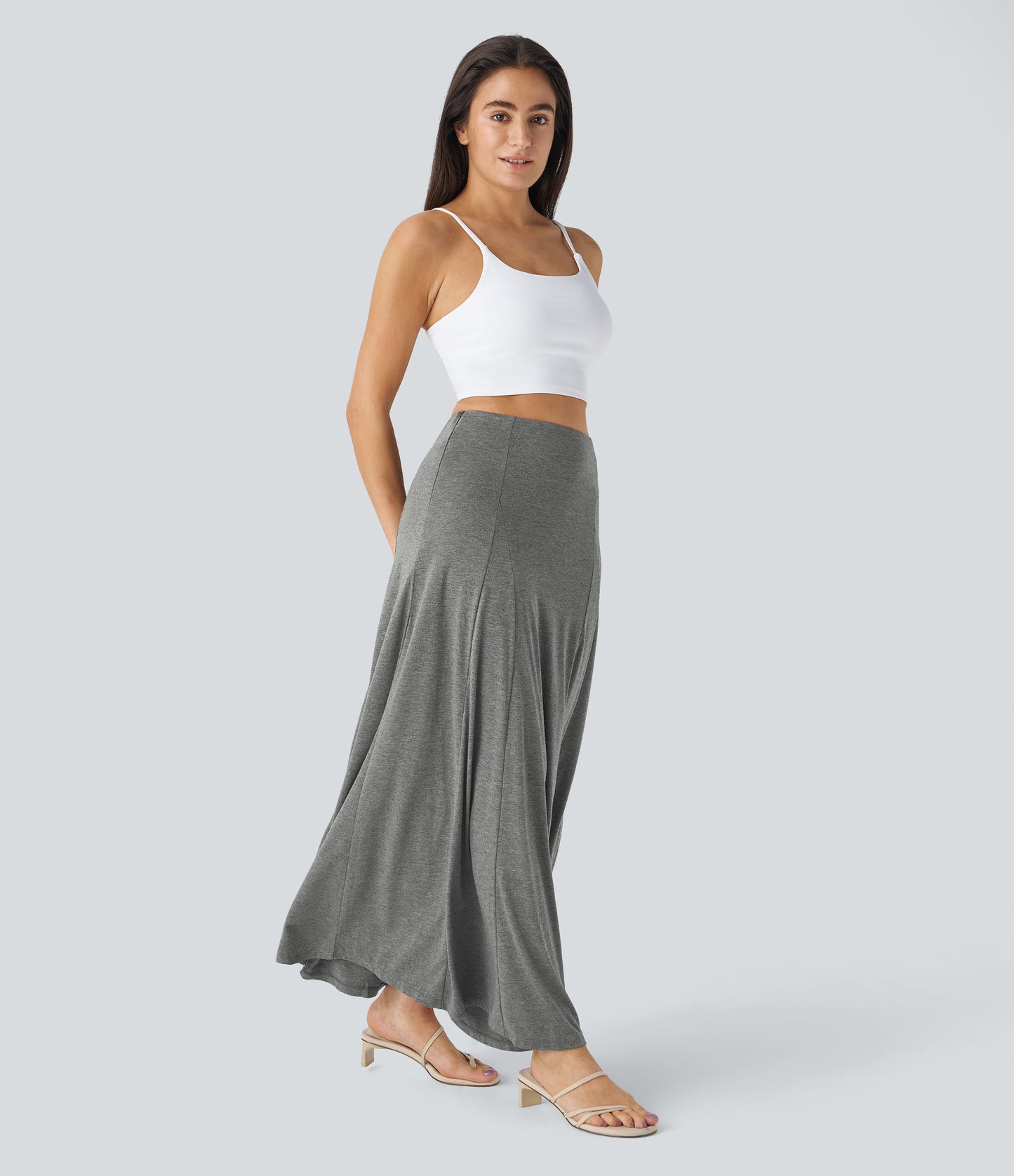 High Waisted Side Zipper Maxi Casual Flare Skirt