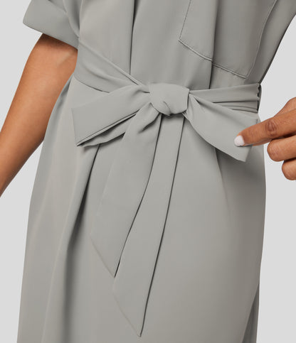 Roll Up Sleeve Belted Relaxed Work Shirt Dress