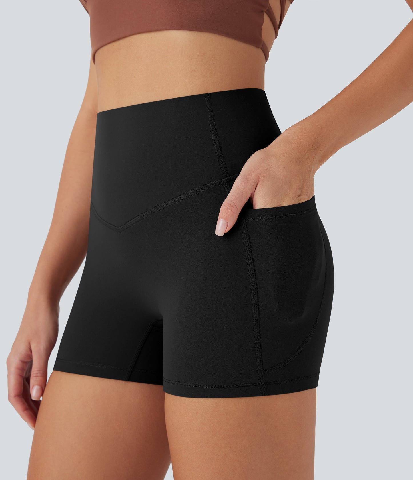 Hoch taillierte, bauchkontrollierende, formende Trainings-Bikershorts mit Tasche, 3 Zoll