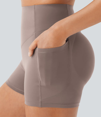 Høy midje, skrumpet rumpeløftende, magekontroll, lommeformende treningsbiker-shorts 7,5 cm