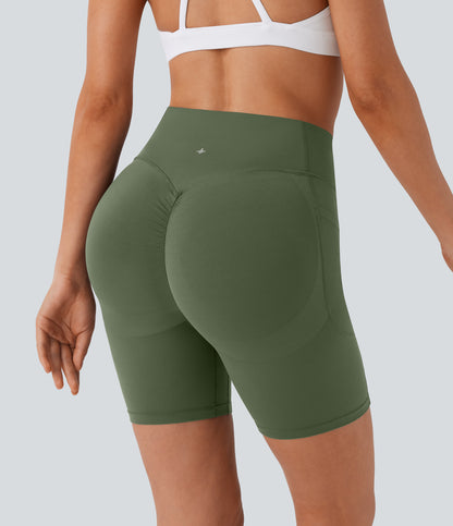 Høy midje, skrumpet rumpeløftende, magekontroll, formende treningsbiker-shorts med sidelommer, 18 cm