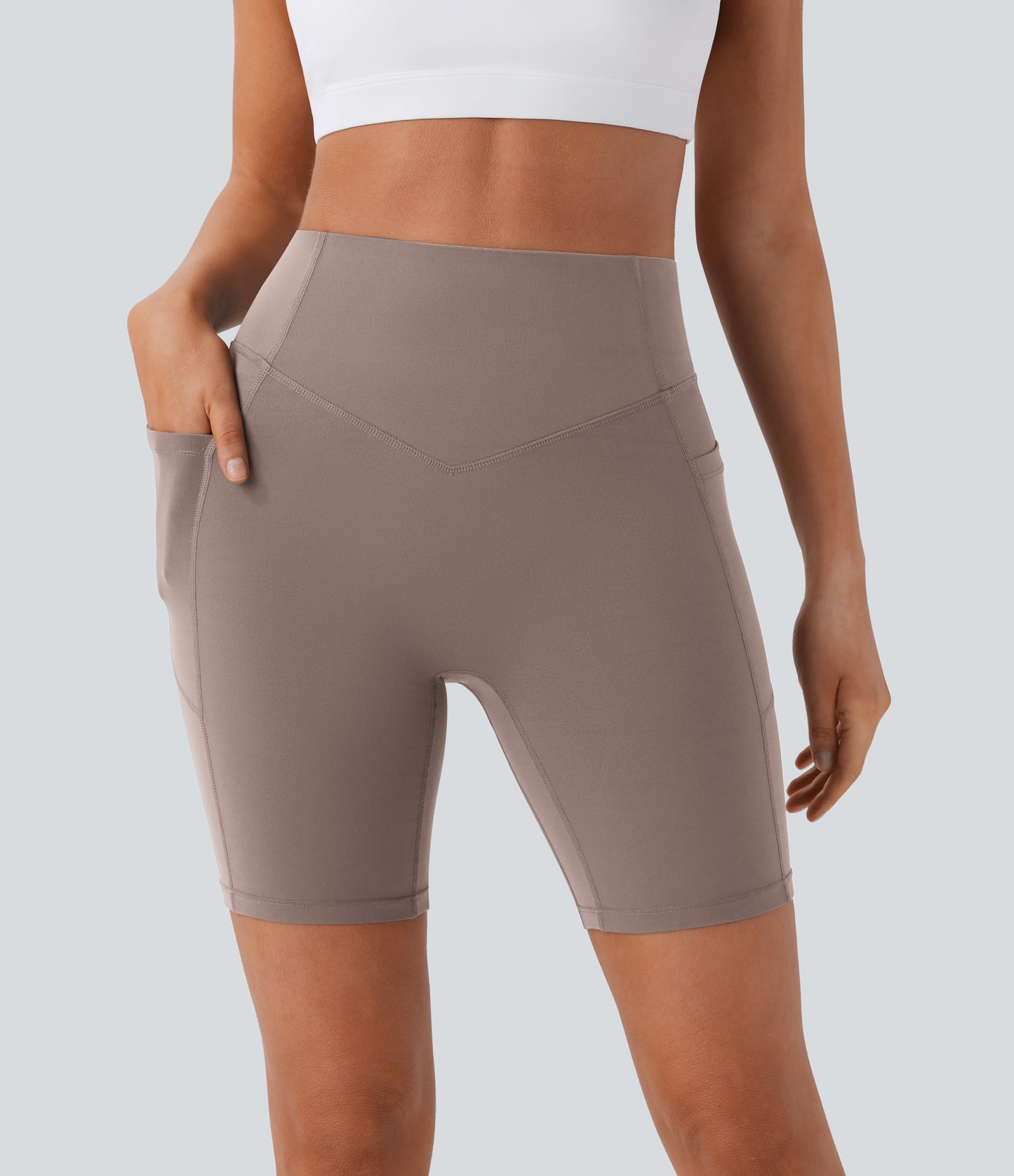 Høy midje, skrumpet rumpeløftende, magekontroll, formende treningsbiker-shorts med sidelommer, 18 cm