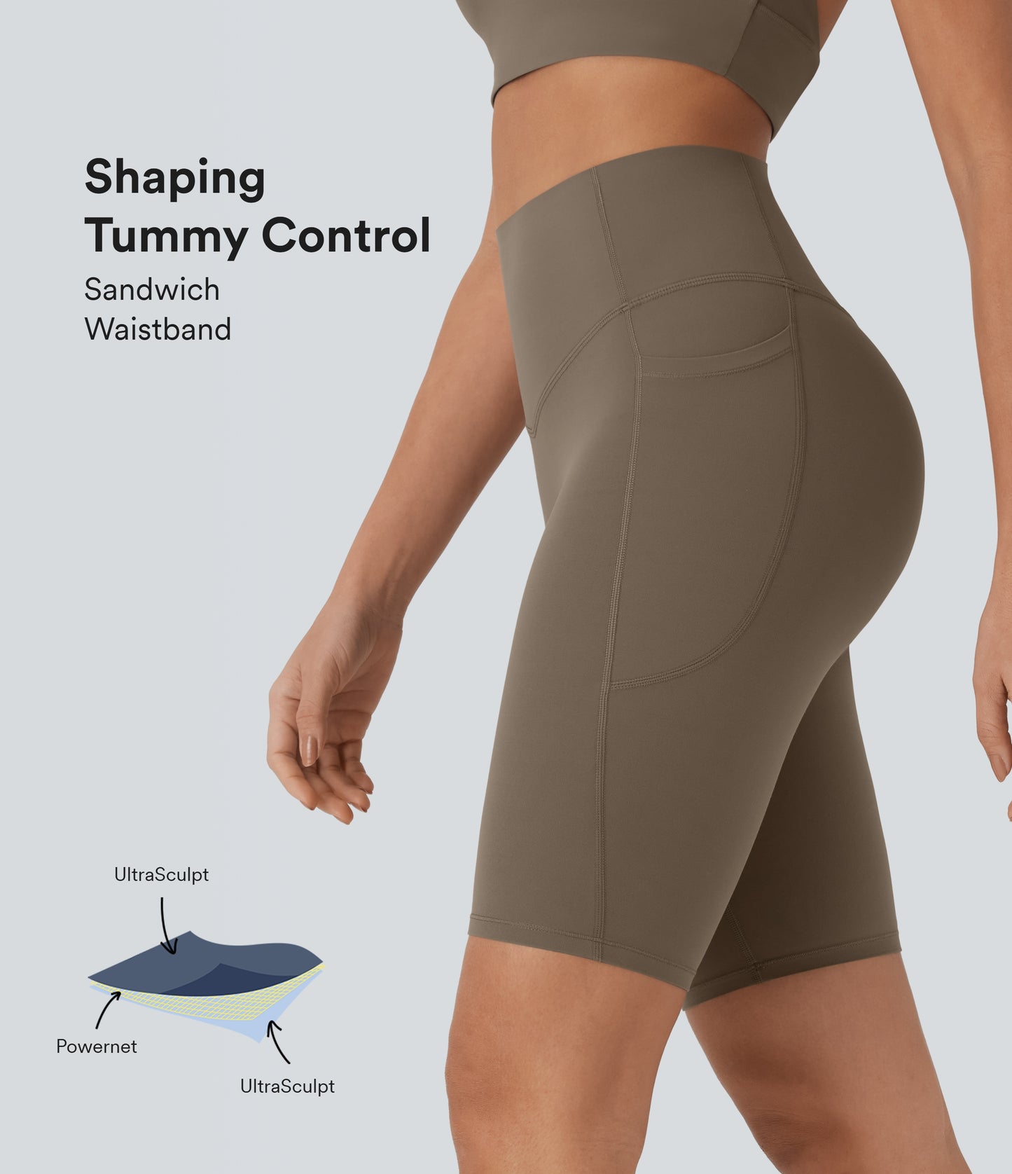 Short cycliste taille haute avec poches gainantes et effet gainant, 23 cm 