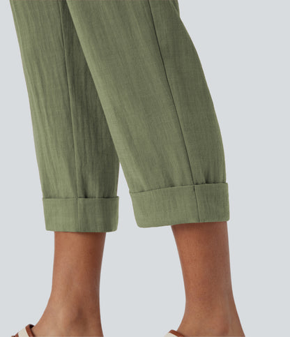High Waisted Zipper Pocket Capri Linen-Feel Pants