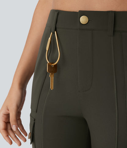 High Waisted Zipper Pockets Solid Skinny Pedal Pusher Casual Cargo Pants