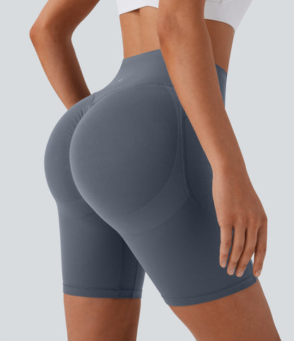 Høy midje, skrumpet rumpeløftende, magekontroll, formende treningsbiker-shorts med sidelommer, 18 cm