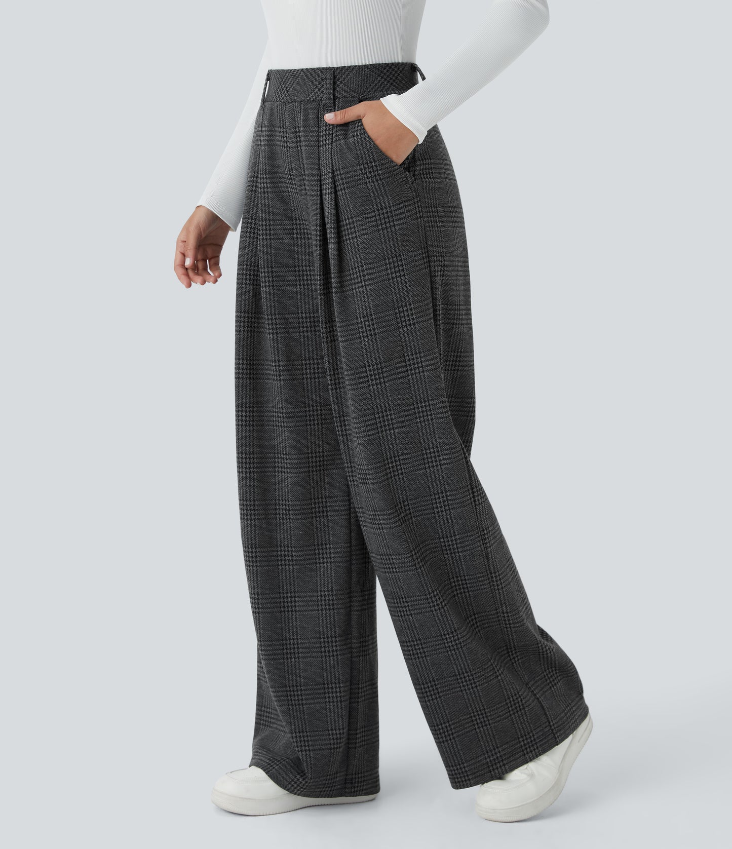 High Waisted Pocket Wide Leg Houndstooth Plaid Casual Pants