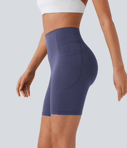 Høy midje, skrumpet rumpeløftende, magekontroll, formende treningsbiker-shorts med sidelommer, 18 cm