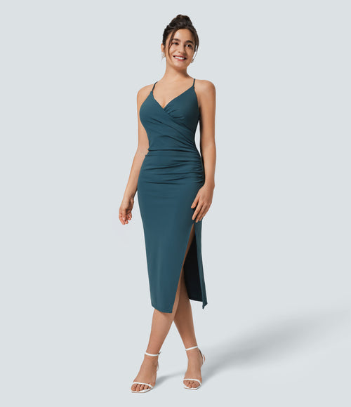 Crossover Ruched Lace Up Bodycon Cool Touch Dress-UPF50+