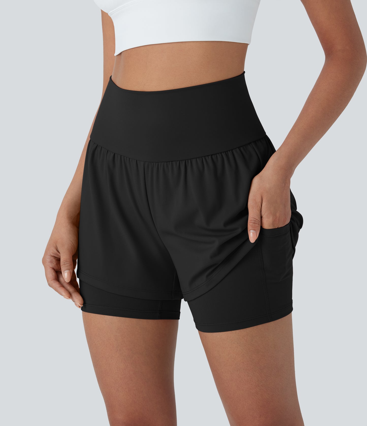 Luftige 2-i-1 yogashorts med superhøy midje og kul berøring, 13 cm og lommer