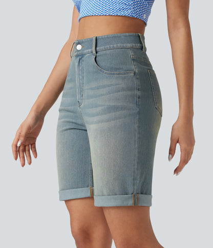 Lässige Bermuda-Shorts aus gewaschenem Denim mit hoch taillierten Taschen und gerolltem Saum