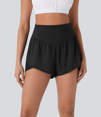 Schnelltrocknende Yoga-Shorts mit hoher Taille, überkreuztem Saum und Tasche