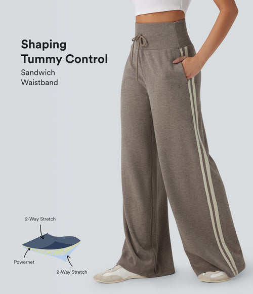 High Waisted Tummy Control Drawstring Wide Leg Color Block Casual Pants with Pockets