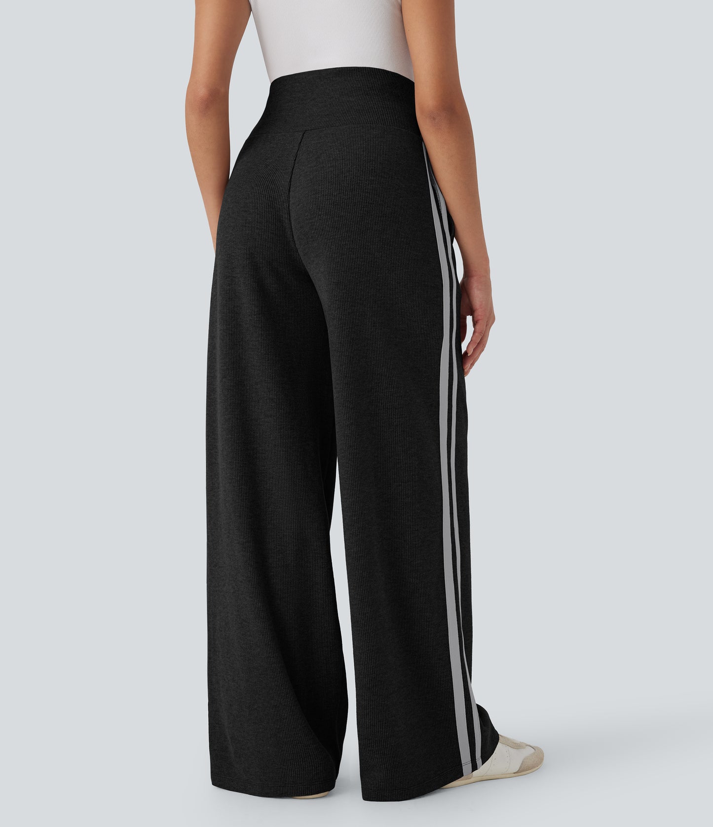 High Waisted Tummy Control Drawstring Wide Leg Color Block Casual Pants with Pockets