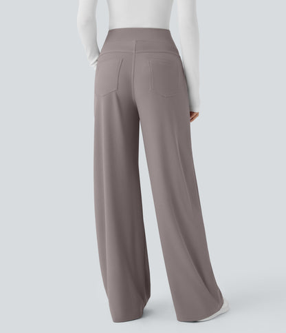 High Waisted Tummy Control Pockets Wide Leg Micro Waffle Work Pants
