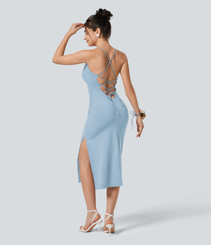 Crossover Ruched Lace Up Bodycon Cool Touch Dress-UPF50+