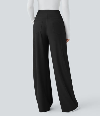 High Waisted Tummy Control Pockets Wide Leg Micro Waffle Work Pants