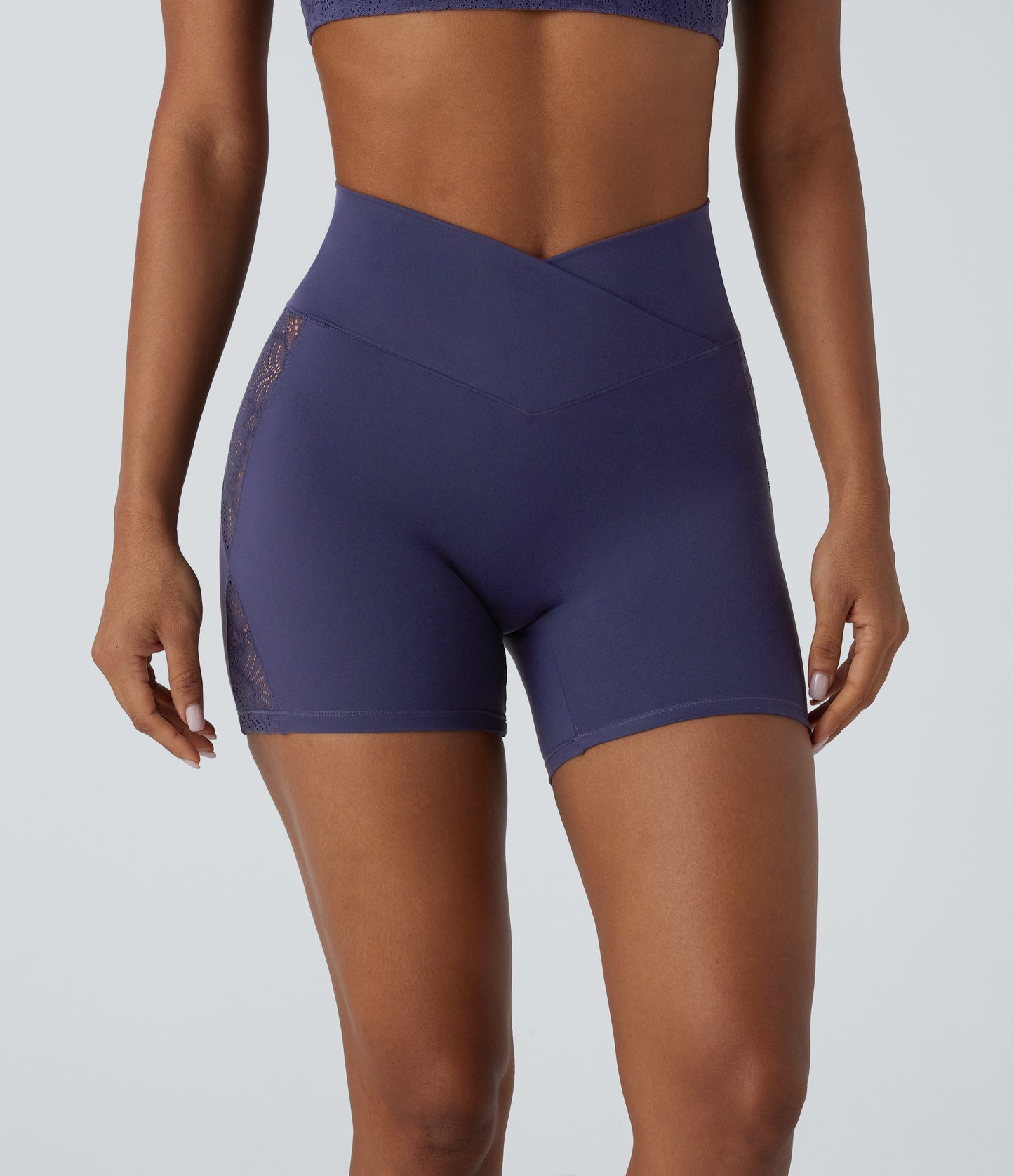 High Waisted Crossover Contrast Lace Built-in Underwear Yoga Biker Shorts 5'' with Pocket-UPF50+