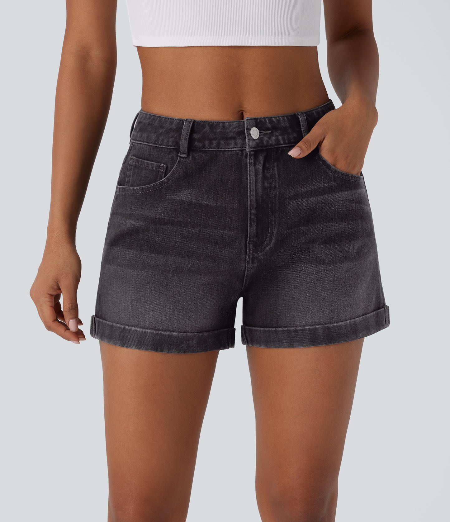 Mellomhøy midje med glidelåslommer og casual denimshorts 7,5 cm