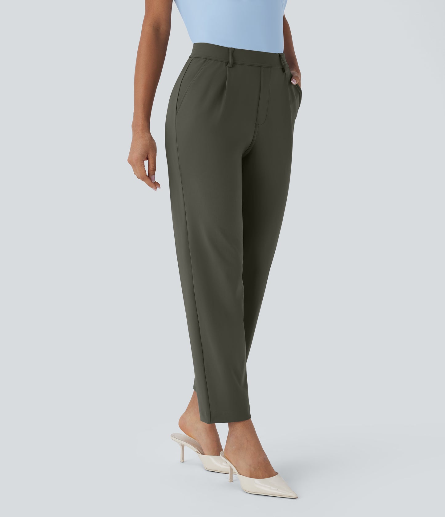 High Waisted Pocket Ankle Length Tapered Work Pants