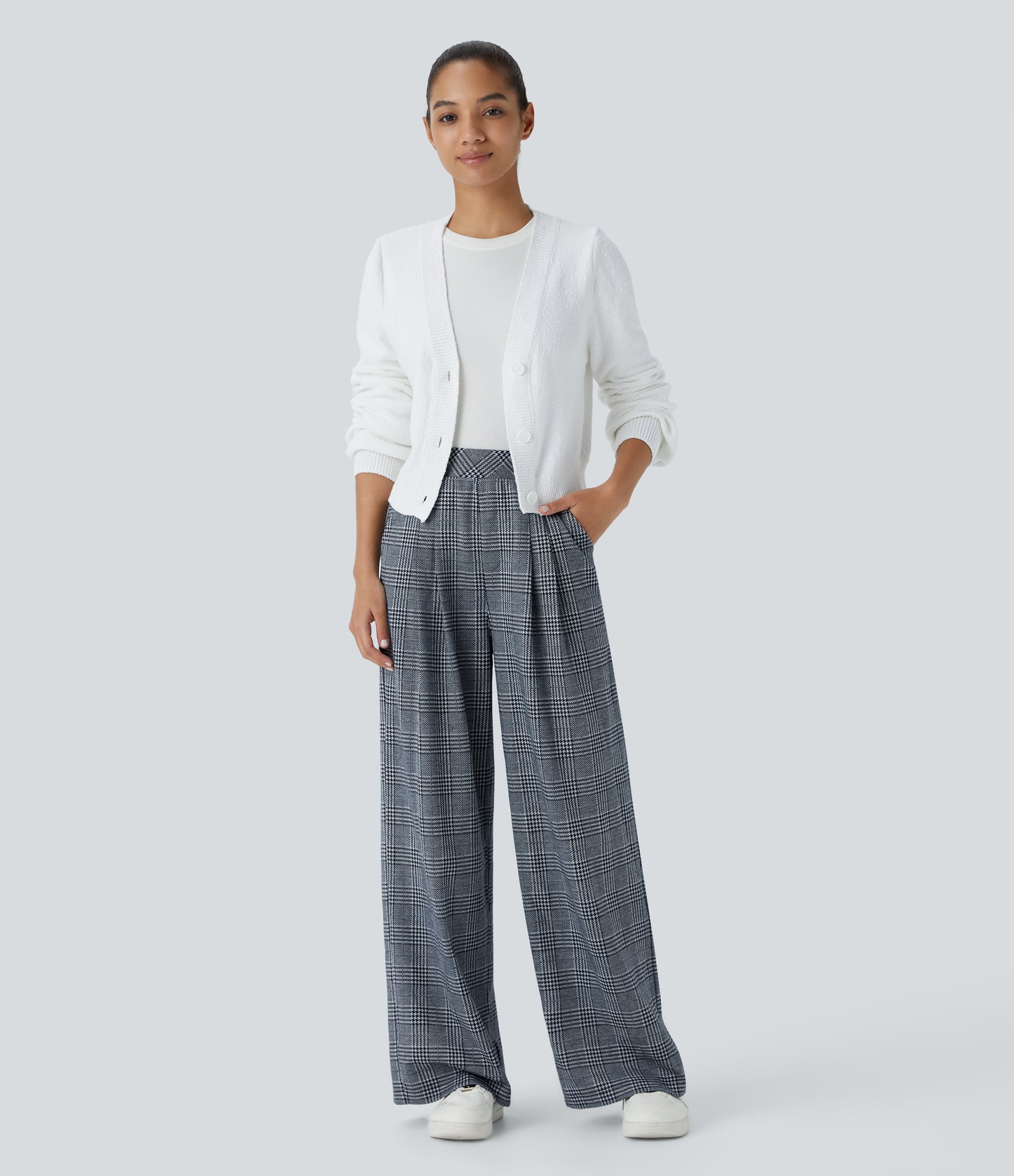 High Waisted Pocket Wide Leg Houndstooth Plaid Casual Pants