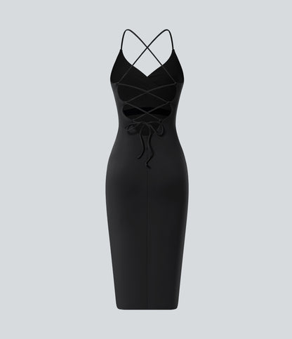 Crossover Ruched Lace Up Bodycon Cool Touch Dress-UPF50+
