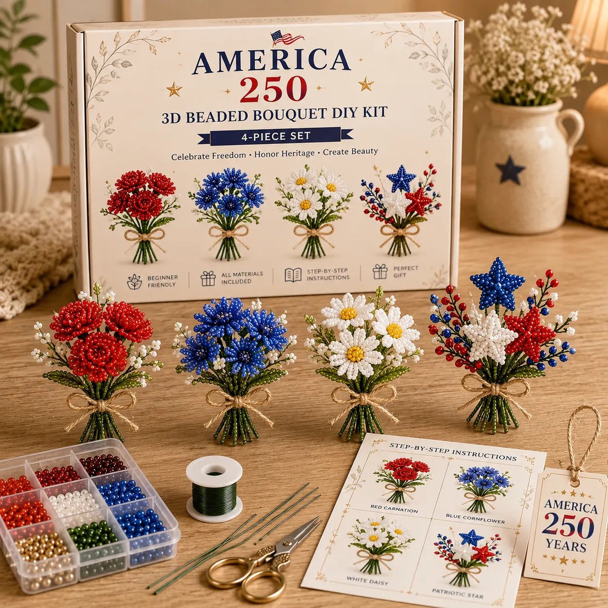 🔥LAST DAY 70% OFF-America 250 Beaded Bouquet DIY Kit – Limited Edition Patriotic Craft Collection