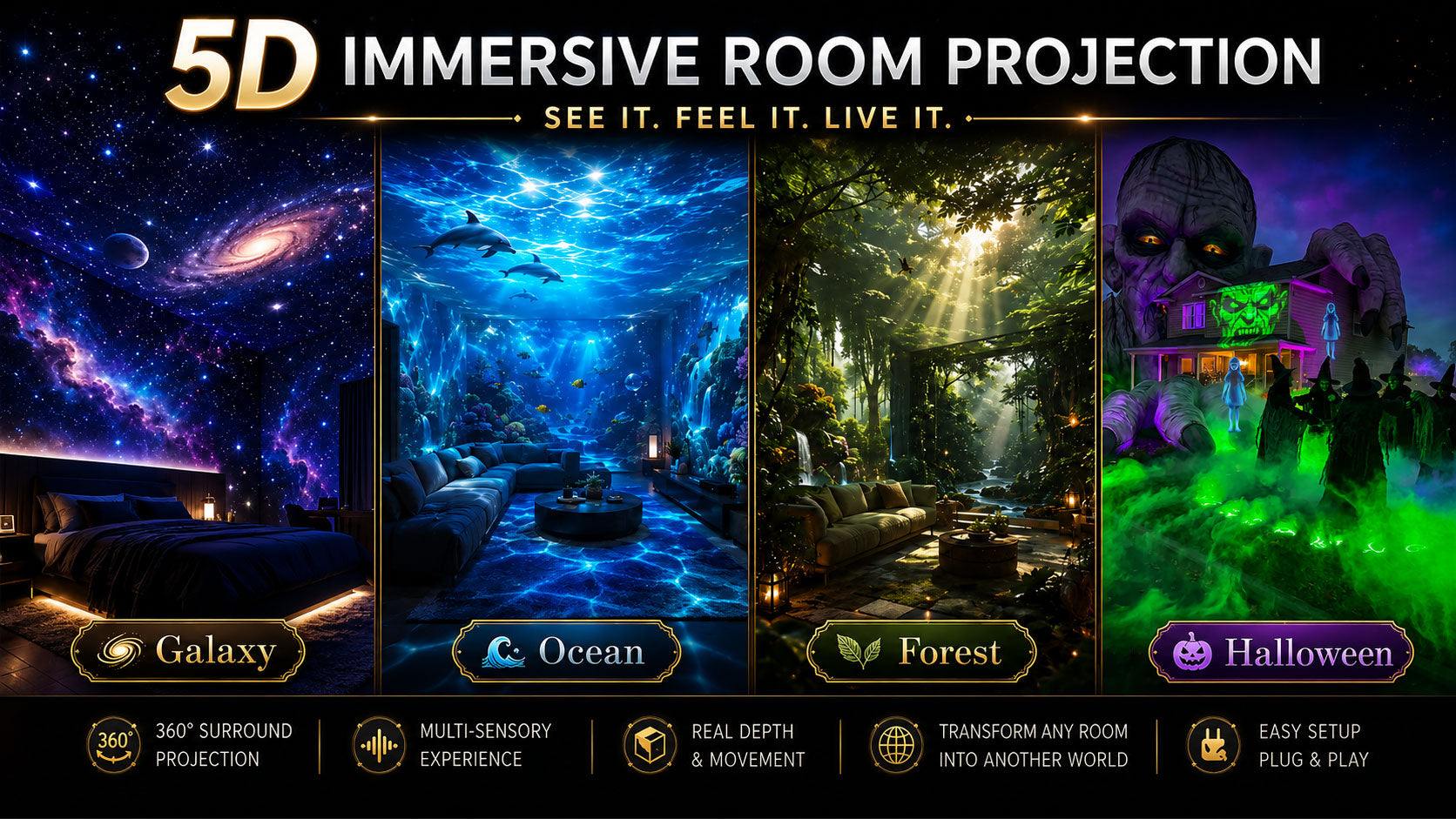 5D immersive projection with galaxy ocean forest and Halloween scenes