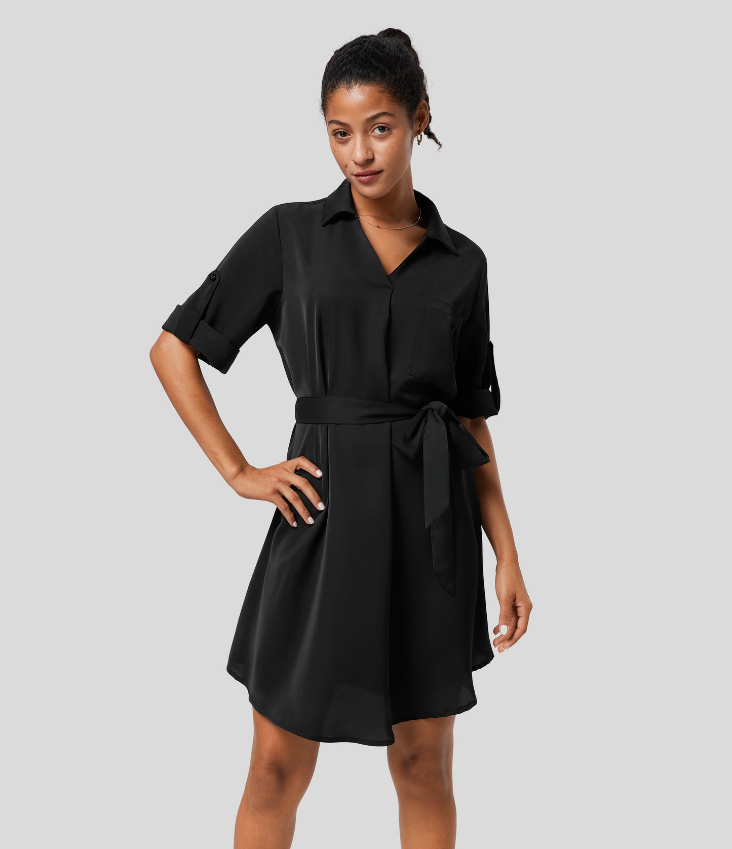 Roll Up Sleeve Belted Relaxed Work Shirt Dress