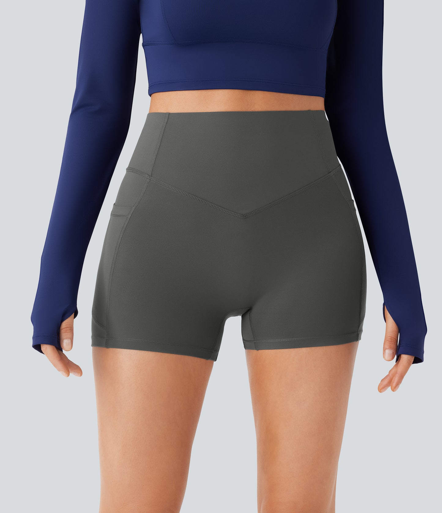 Høy midje, skrumpet rumpeløftende, magekontroll, lommeformende treningsbiker-shorts 7,5 cm