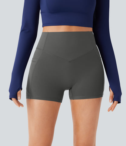 Høy midje, skrumpet rumpeløftende, magekontroll, lommeformende treningsbiker-shorts 7,5 cm