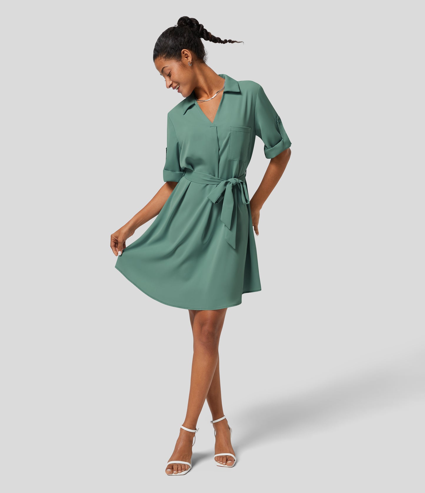 Roll Up Sleeve Belted Relaxed Work Shirt Dress