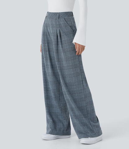 High Waisted Pocket Wide Leg Houndstooth Plaid Casual Pants
