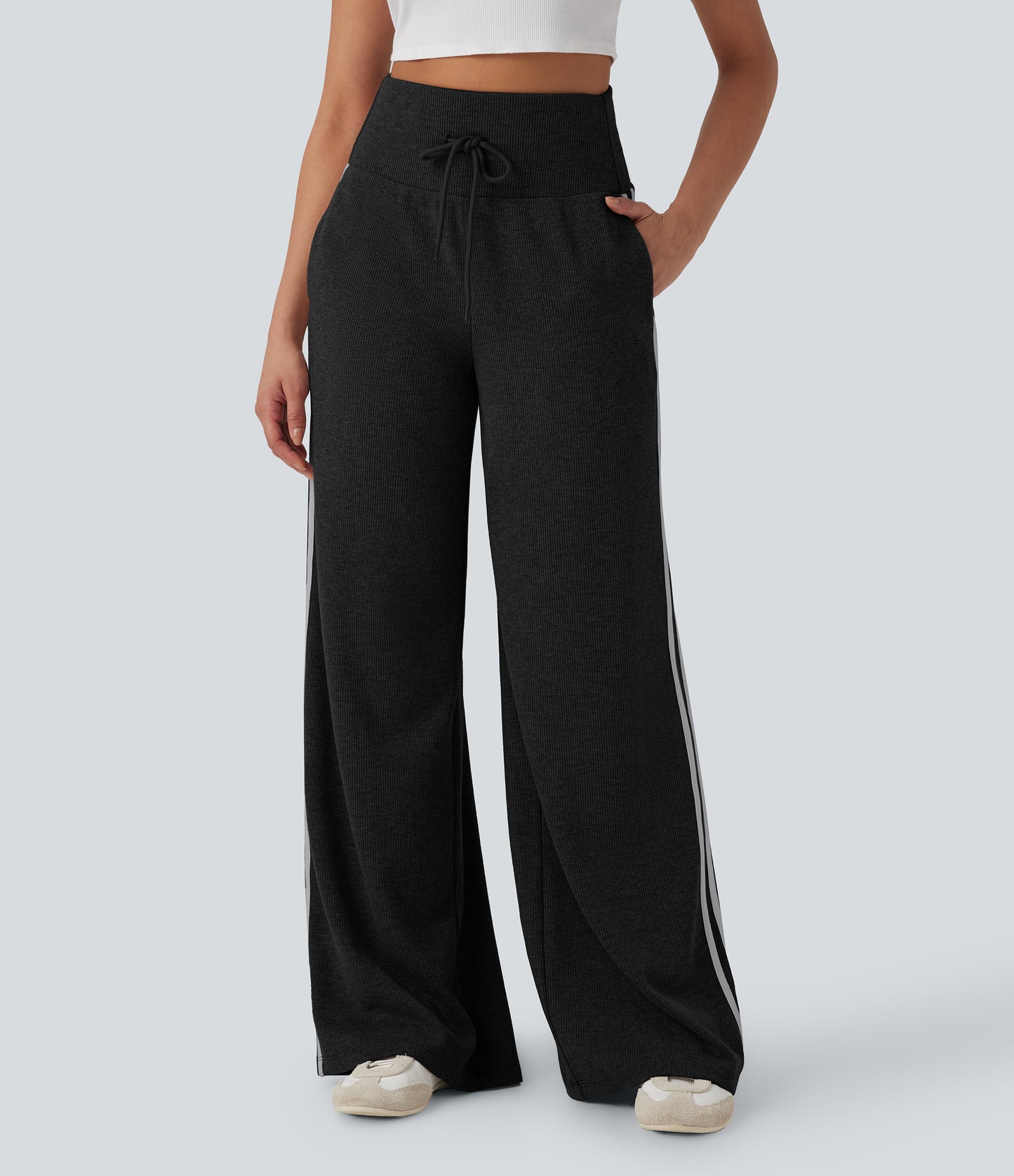 High Waisted Tummy Control Drawstring Wide Leg Color Block Casual Pants with Pockets