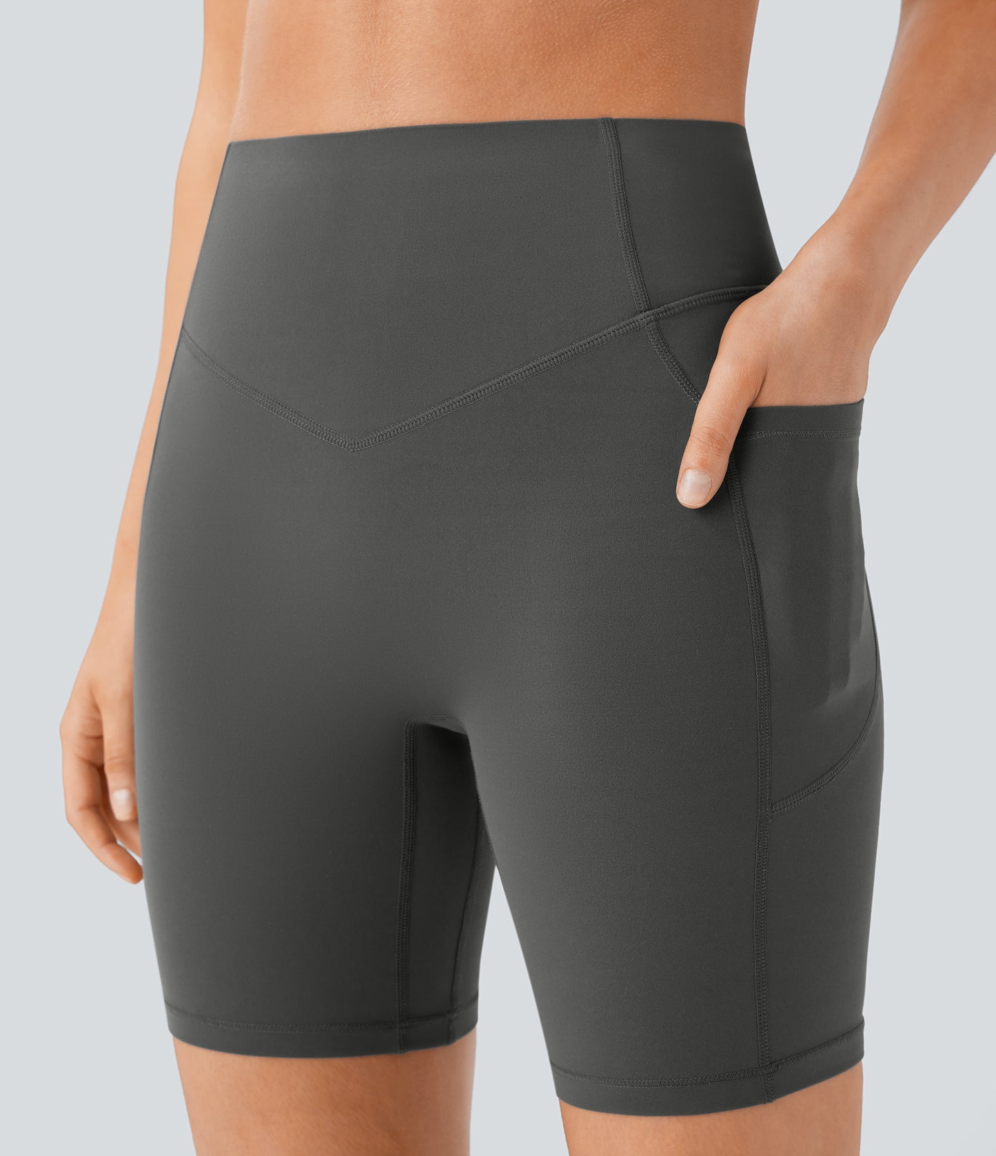 Høy midje, skrumpet rumpeløftende, magekontroll, formende treningsbiker-shorts med sidelommer, 18 cm
