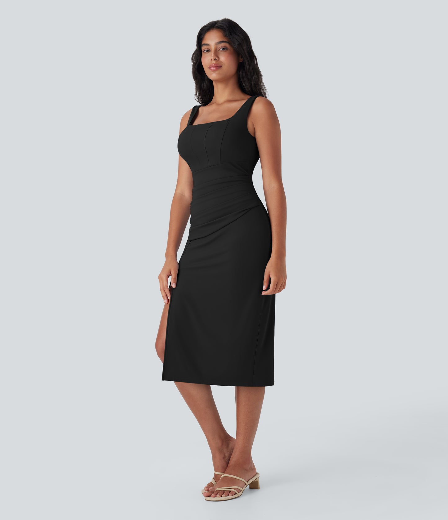 Square Neck Corset Ruched Bodycon Midi Cool Touch Dress-D/DD/DDD/F Cups