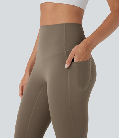 Hoch taillierte, bauchkontrollierende, integrierte Unterwäsche, antibakterielle, formende 7/8-Workout-Leggings mit Taschen