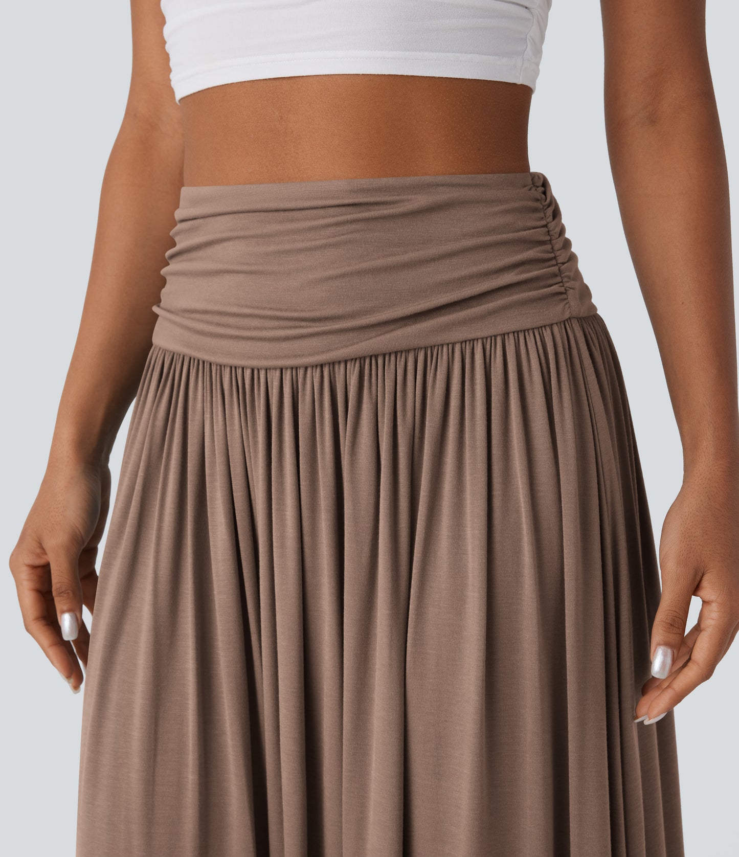High Waisted Ruched Flowy Maxi Casual Skirt