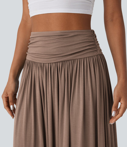 High Waisted Ruched Flowy Maxi Casual Skirt
