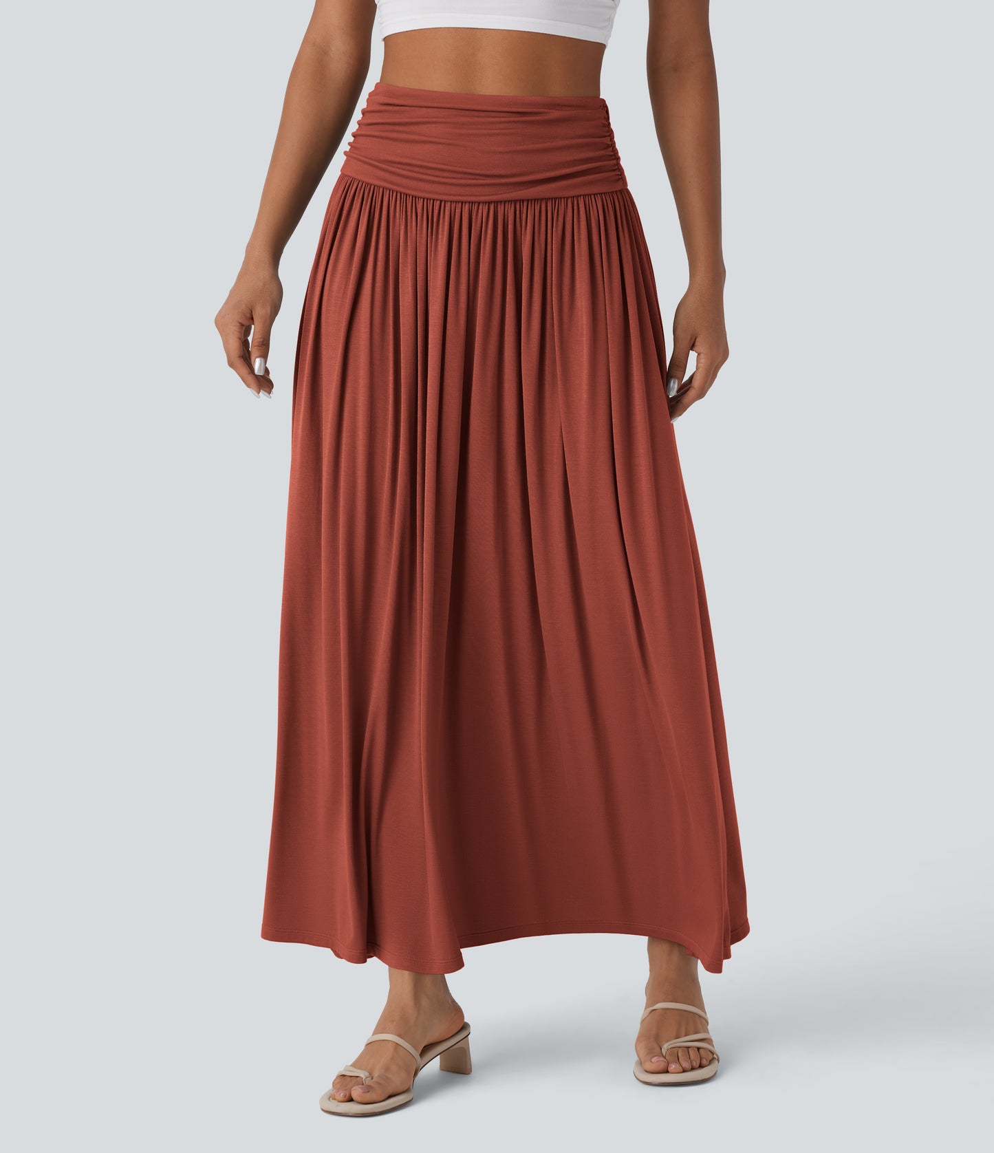 High Waisted Ruched Flowy Maxi Casual Skirt