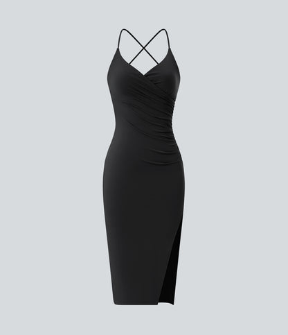 Crossover Ruched Lace Up Bodycon Cool Touch Dress-UPF50+