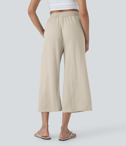 High Waisted Drawstring Wide Leg Cropped Casual Linen-Feel Pants with Pockets