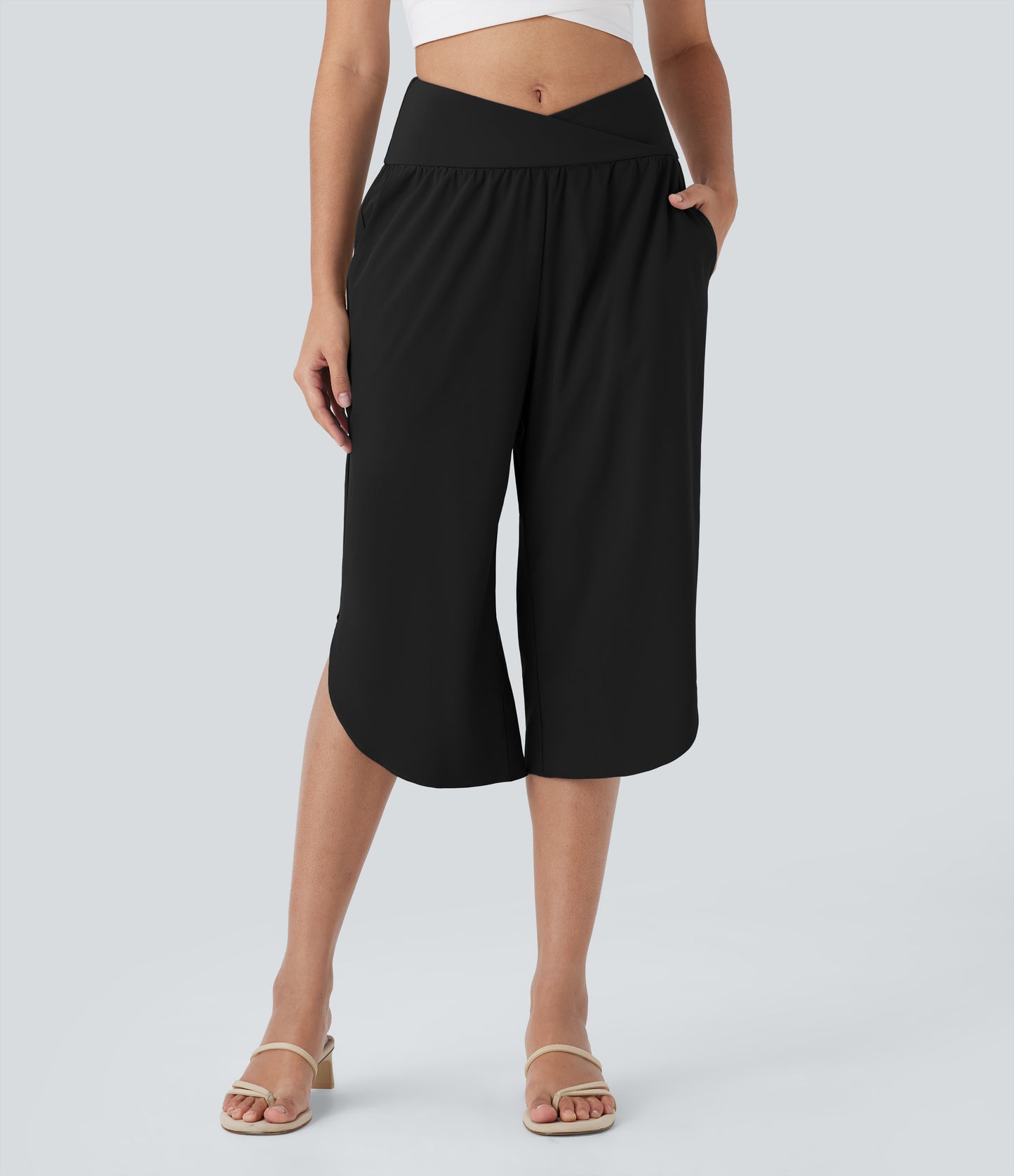 High Waisted Crossover Pocket Quick Dry Capri Pants