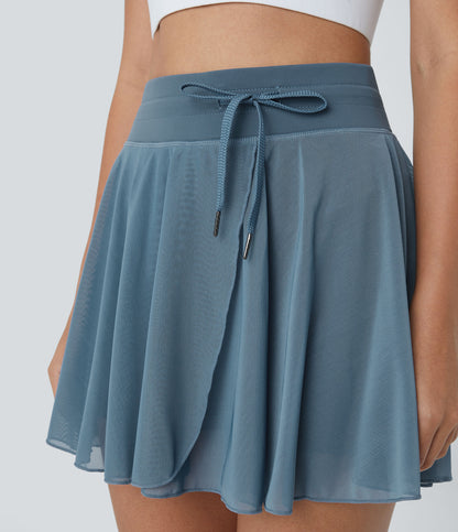 High Waisted Drawstring Contrast Mesh 2-in-1 Pocket Flowy Mini Flare Casual Skirt