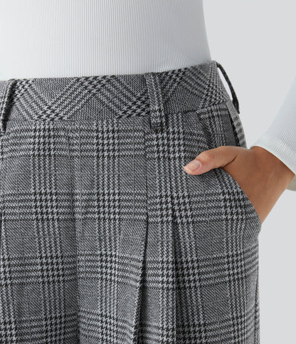 High Waisted Pocket Wide Leg Houndstooth Plaid Casual Pants